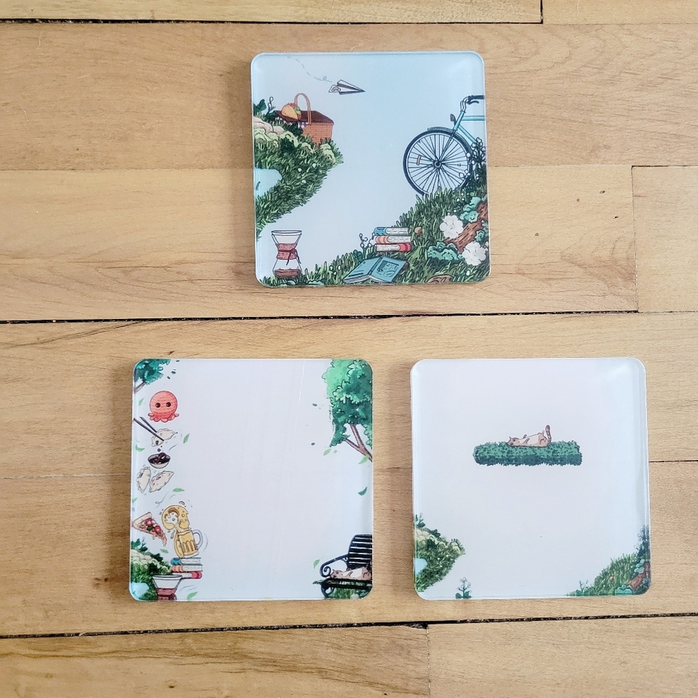Set of 3 Resin Square Nature City Neutral Simple Coasters